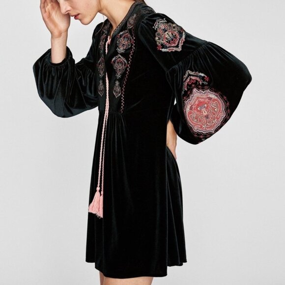 ZARA Woman Dark Green Velvet Embroidered Tunic Dress Size SMALL Boho Romantic - Picture 11 of 13